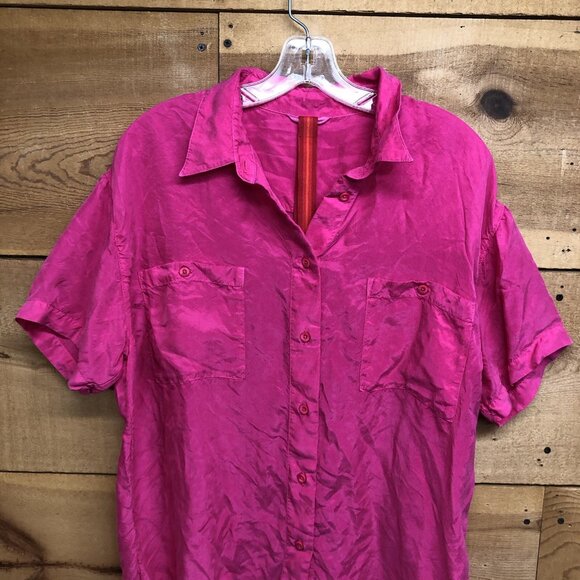 LEFT ON FRIDAY Short Sleeve Button Down Shirt Womens Size S/M 100% Silk Pink - Picture 3 of 11